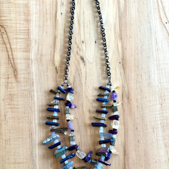 Chunky Aura Quartz Amethyst Pyrite Gemstone Statement Necklace - Picture 5 of 6